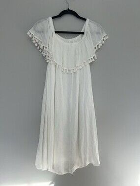 Mittoshop White Midi Dress | Pom Pom Trim | Crinkle Fabri